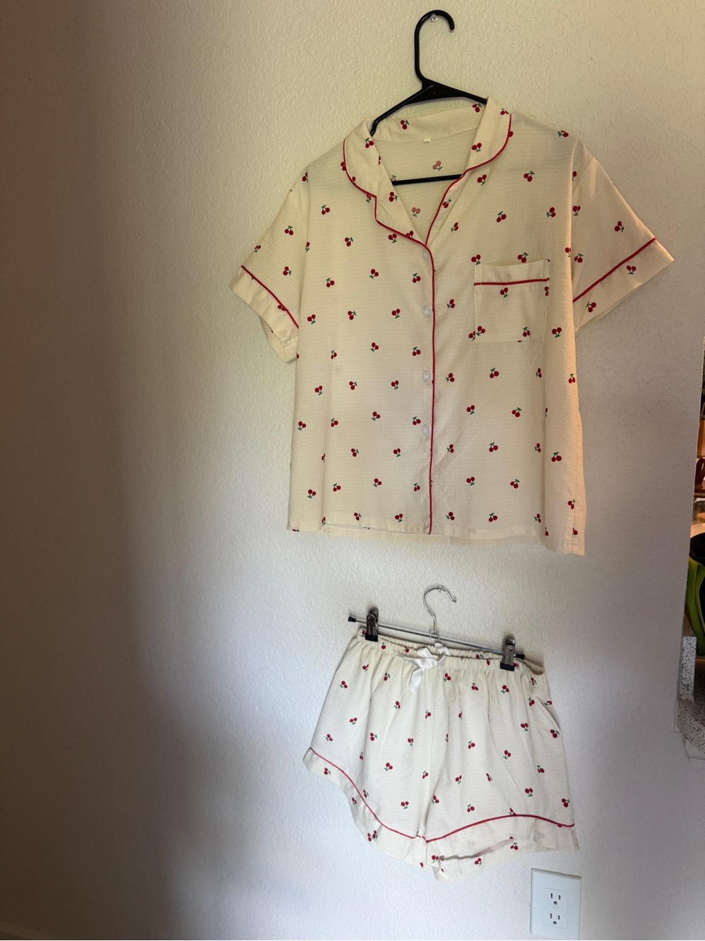 Classic Cherry-Print Short Pajama Set - Cream with Red Trim